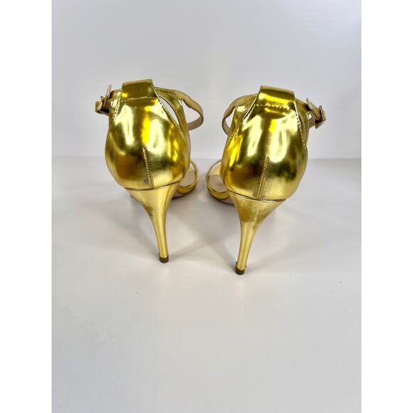 ASOS Size 8 Gold Shiny 3 Inch Ankle Strap Heels Open Toe - Picture 4 of 15